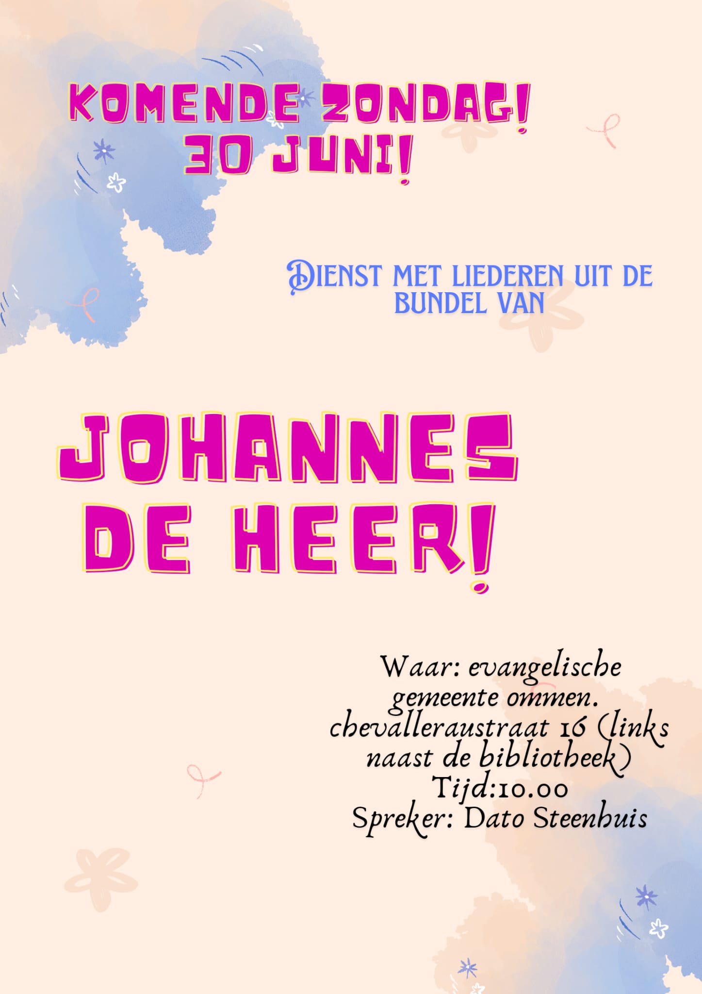 Uitnodiging voor een dienst waarin liederen gezongen worden van Johannes de Heer